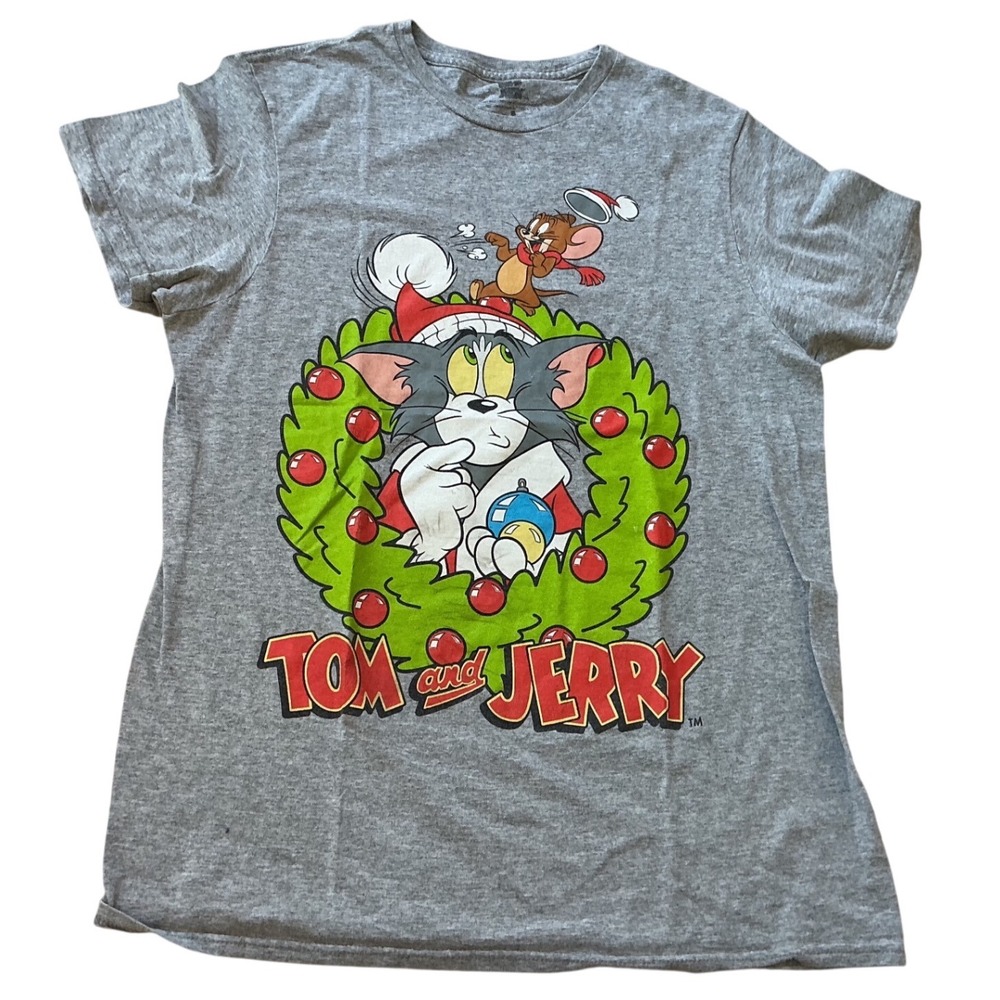 Tom and Jerry Christmas Wreath Graphic T-Shirt Heather Gray Small Holiday Tee